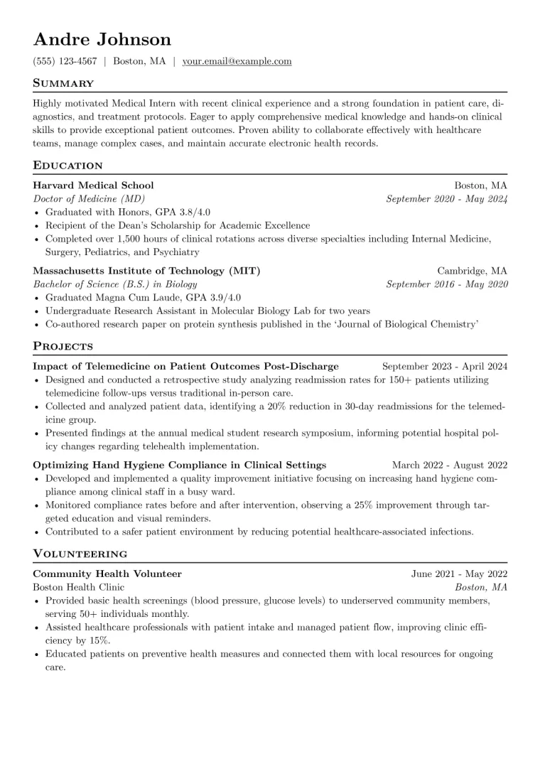 Medical Intern Resume Example CV template preview