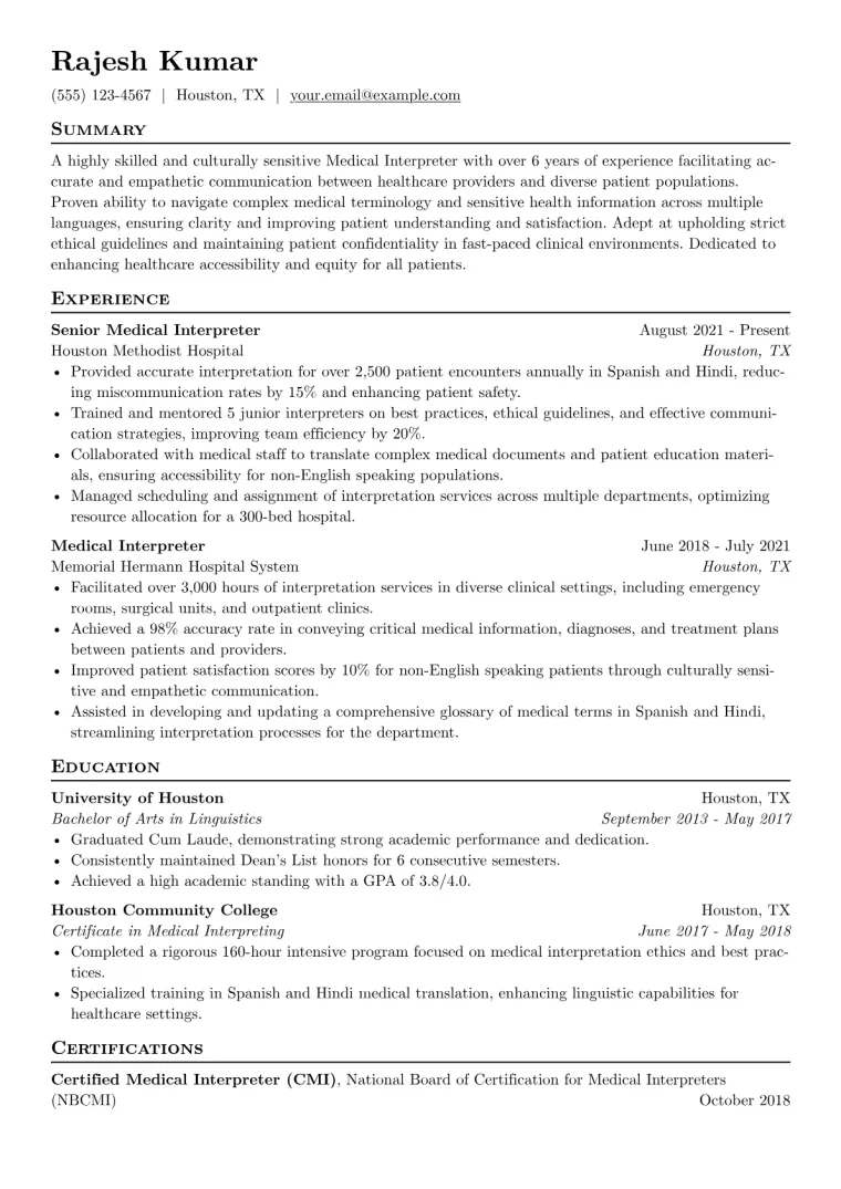 Medical Interpreter Resume Example CV template preview