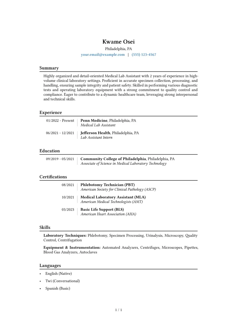 Medical Lab Assistant Resume Example CV template preview