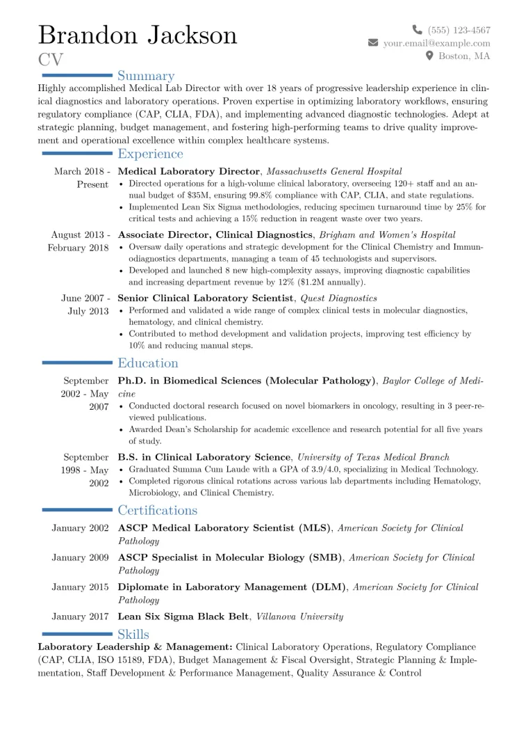 Medical Lab Director Resume Example CV template preview