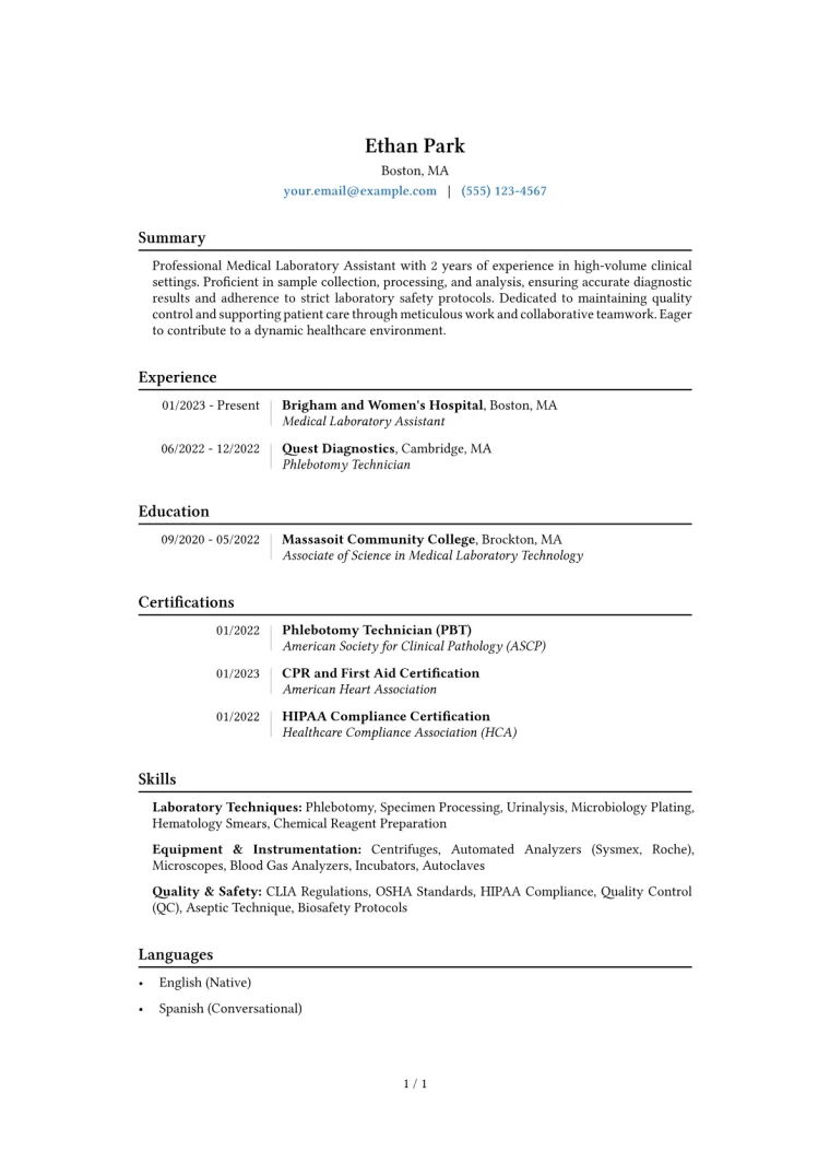 Medical Laboratory Assistant Resume Example CV template preview