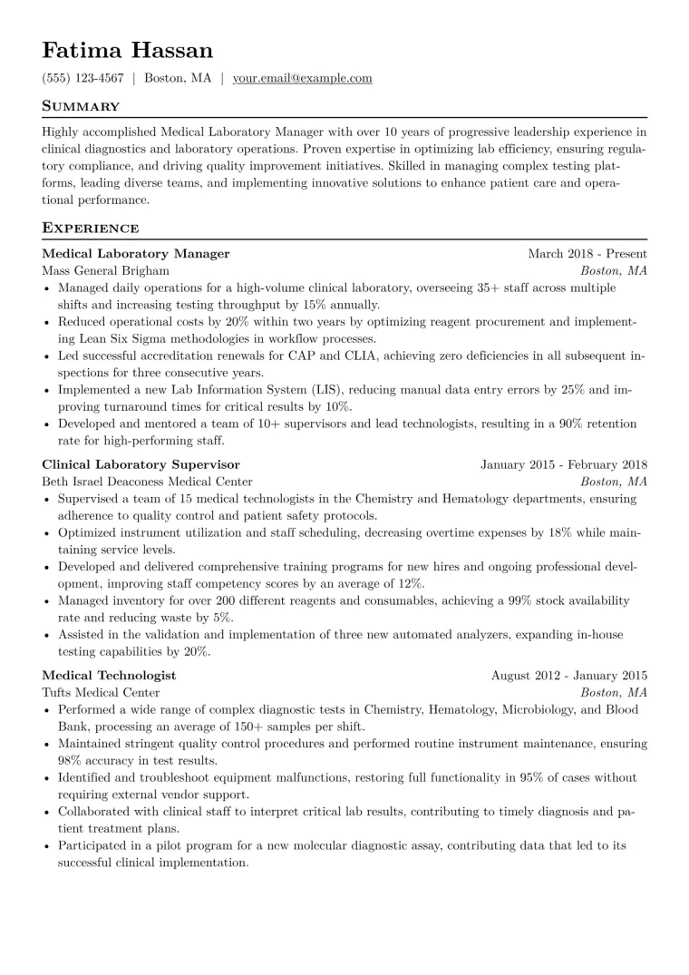 Medical Laboratory Manager Resume Example CV template preview