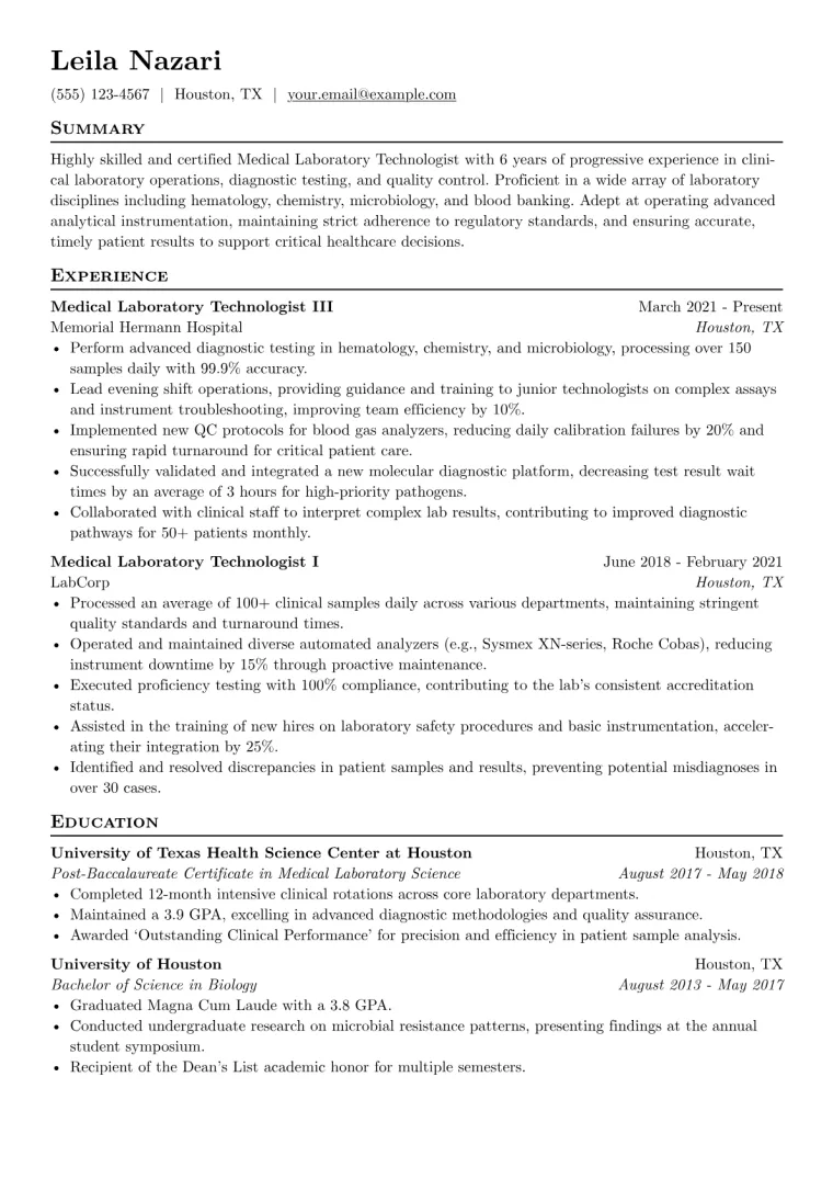 Medical Laboratory Technologist Resume Example CV template preview