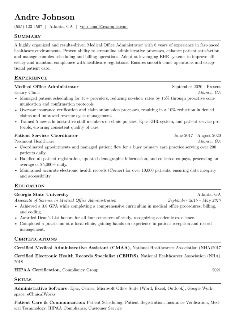 Medical Office Administrator Resume Example CV template preview