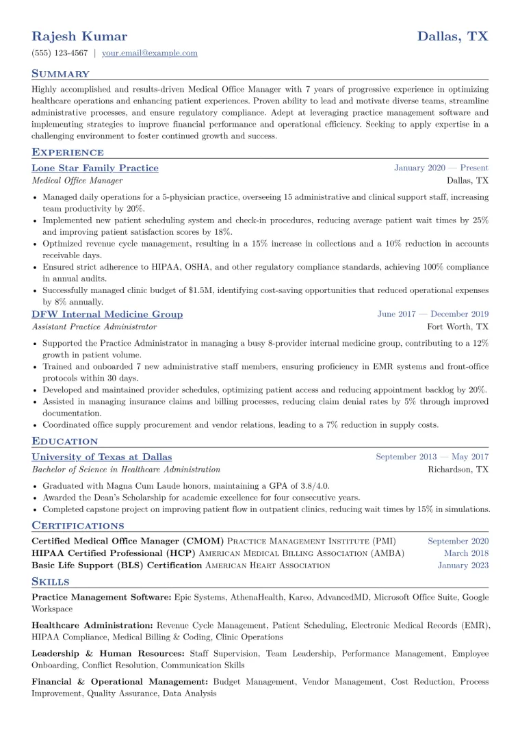 Medical Office Manager Resume Example CV template preview