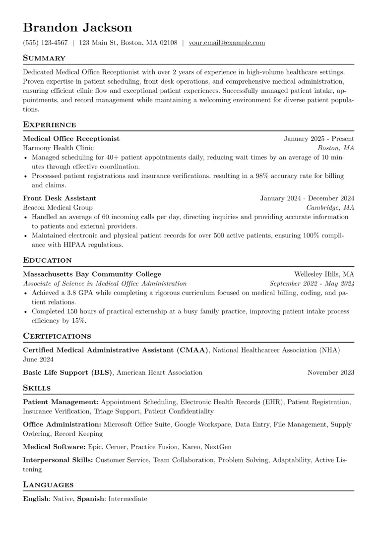 Medical Office Receptionist Resume Example CV template preview
