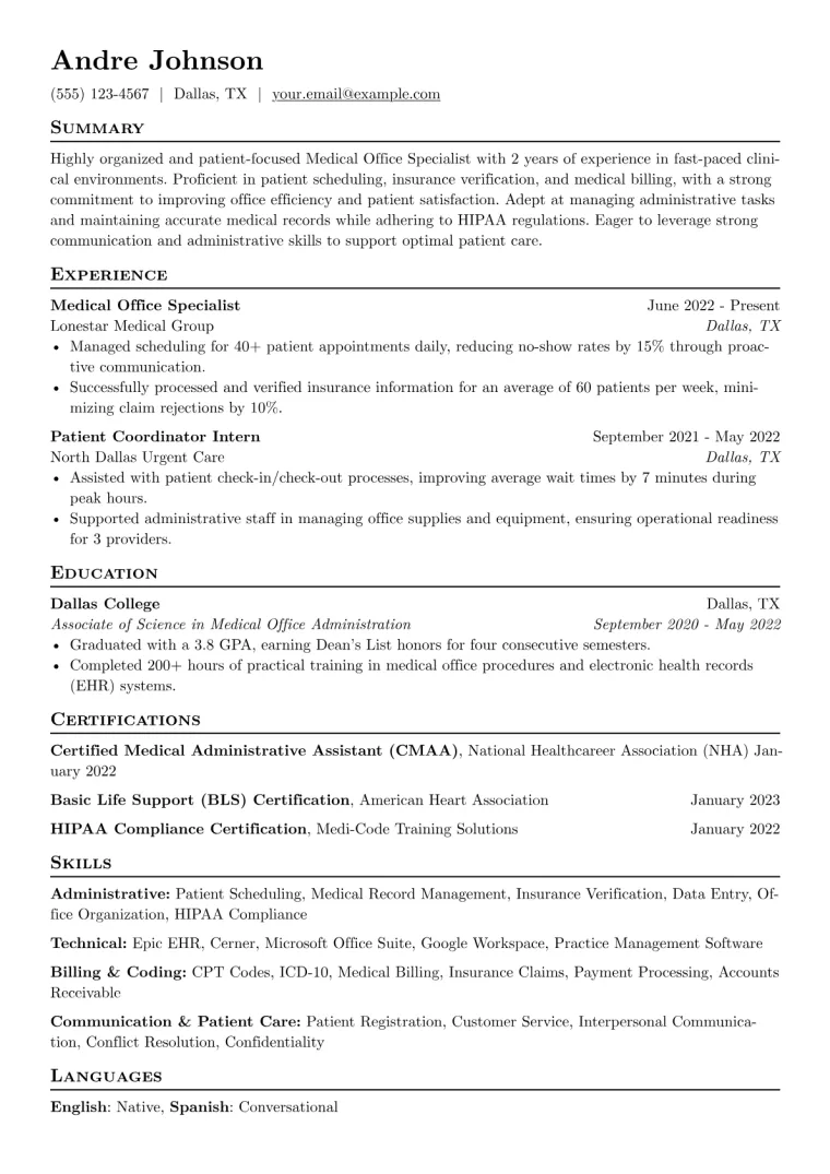 Medical Office Specialist Resume Example CV template preview