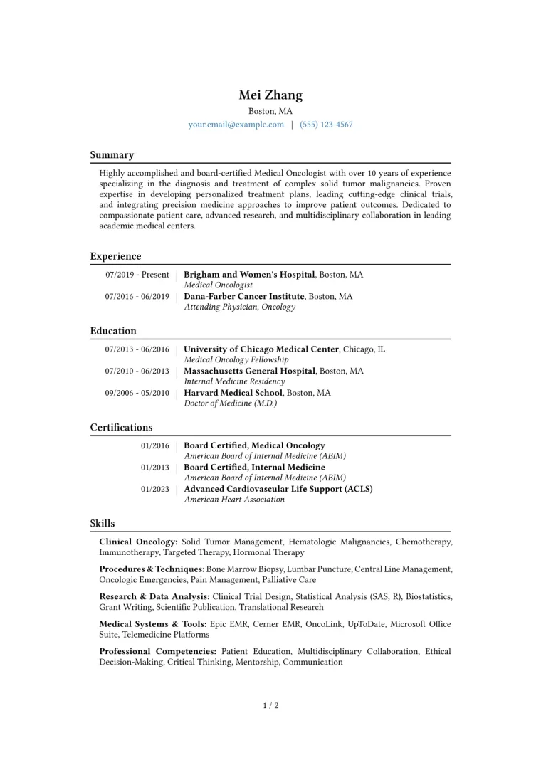 Medical Oncologist Resume Example CV template preview