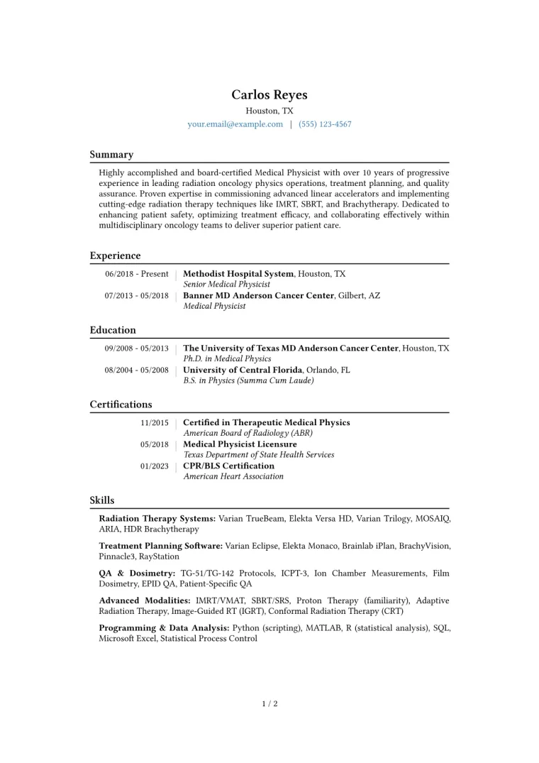Medical Physicist Resume Example CV template preview