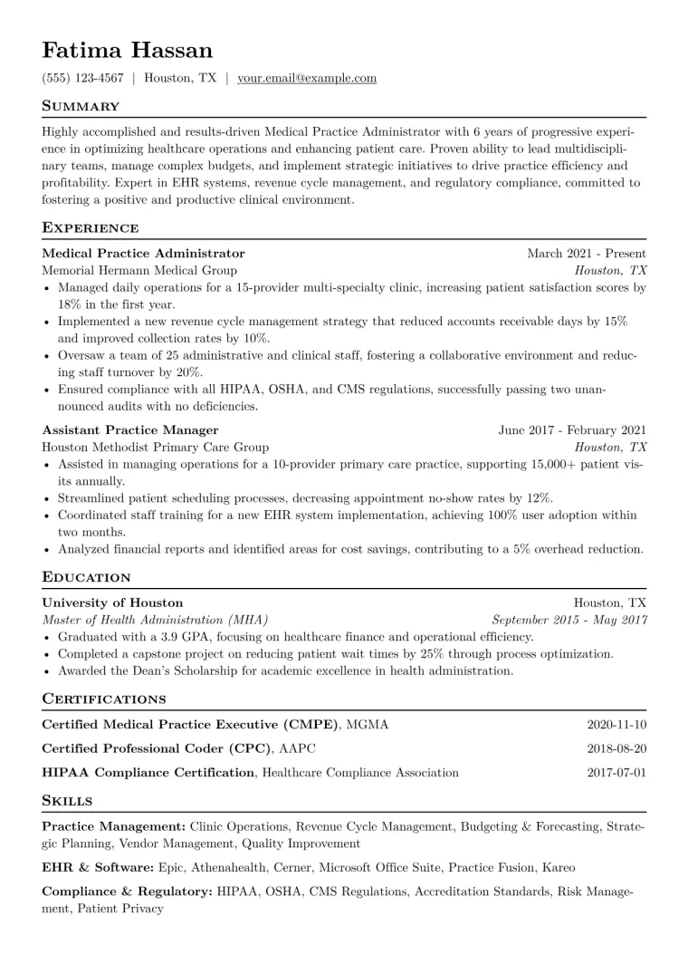 Medical Practice Administrator Resume Example CV template preview