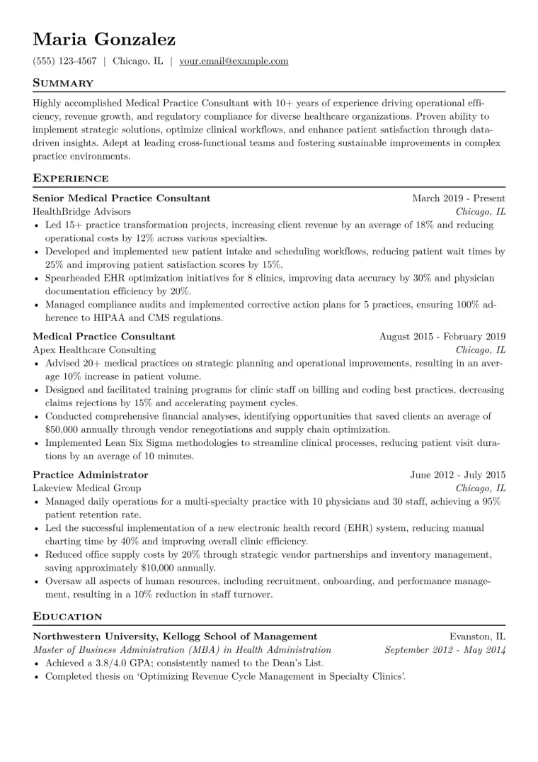 Medical Practice Consultant Resume Example CV template preview
