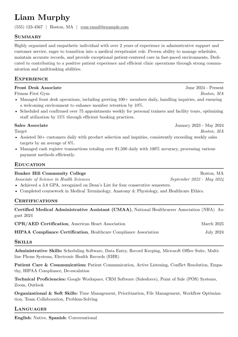Medical Receptionist with No Experience Resume Example CV template preview