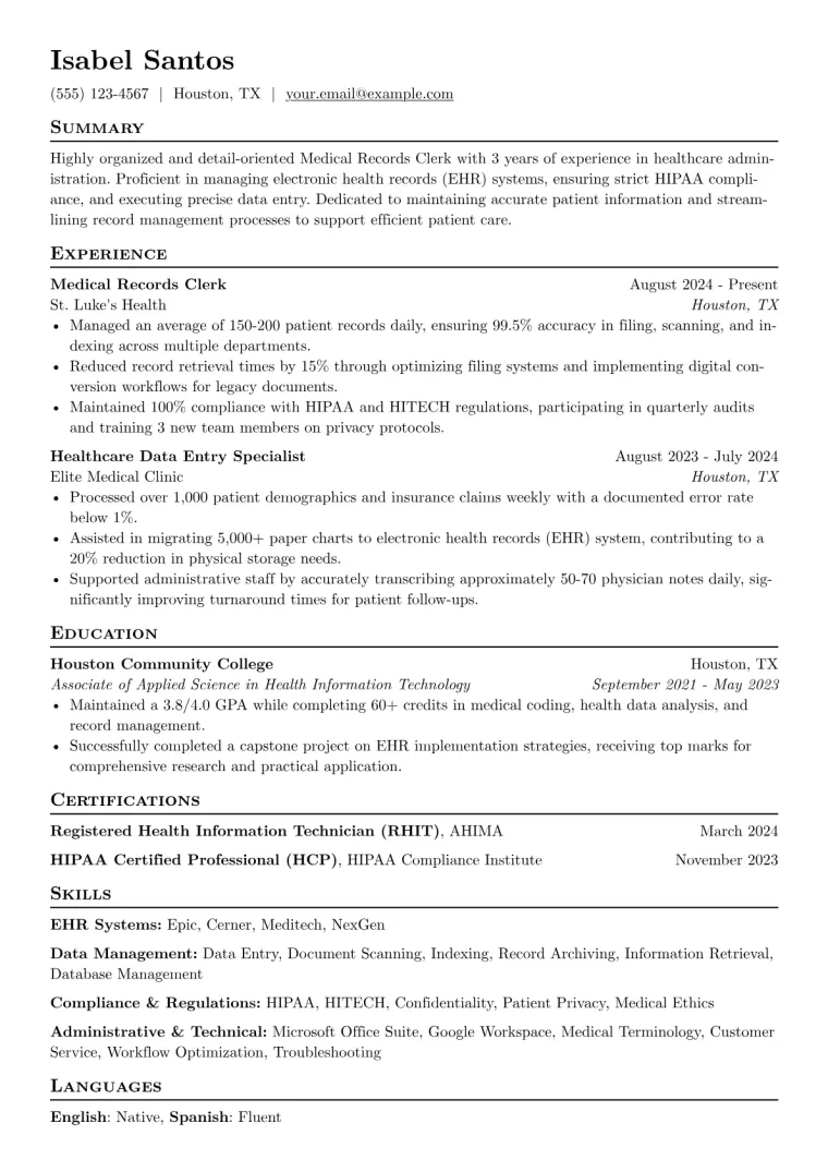 Medical Records Clerk Resume Example CV template preview
