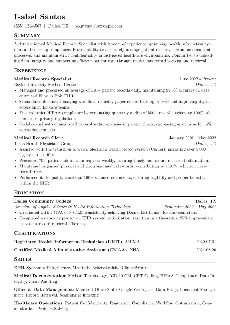 Medical Records Specialist Resume Example CV template preview