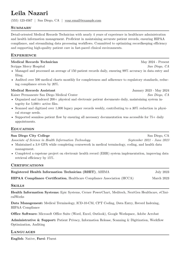 Medical Records Technician Resume Example CV template preview