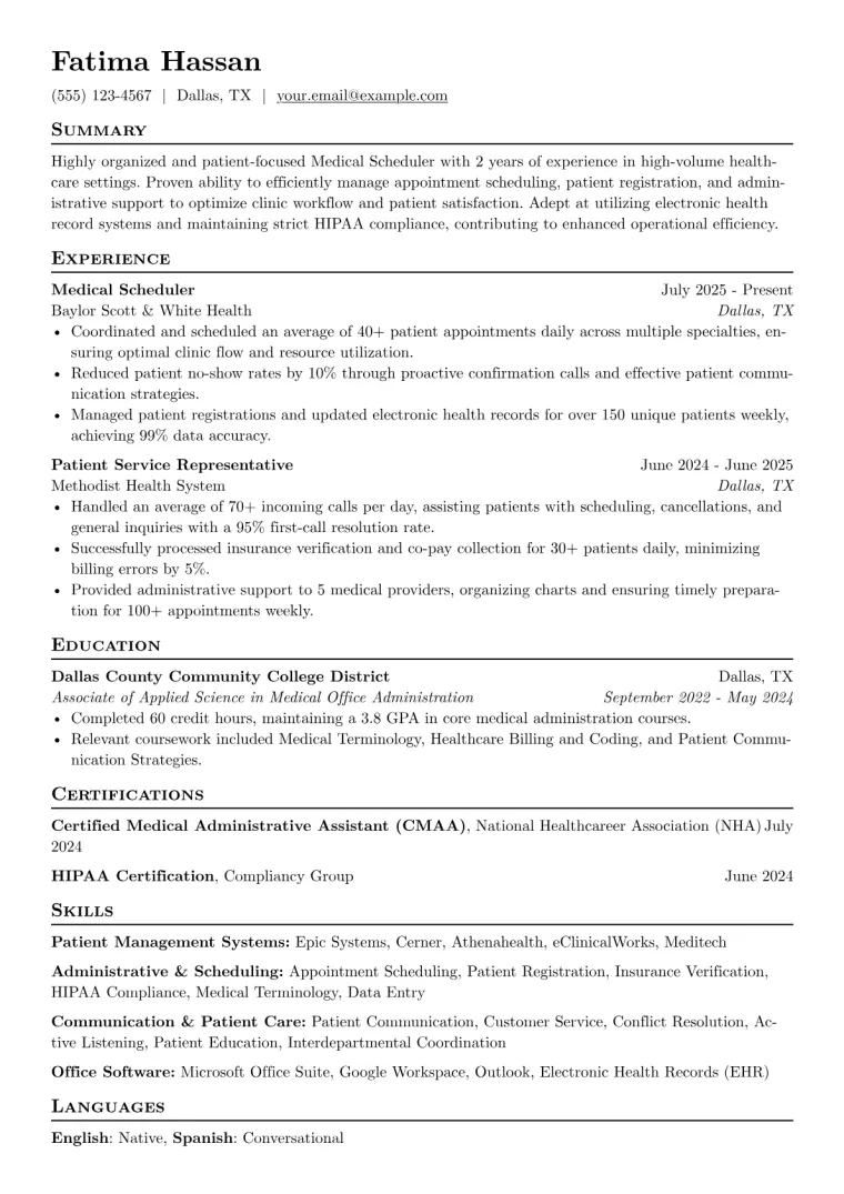 Medical Scheduler Resume Example preview