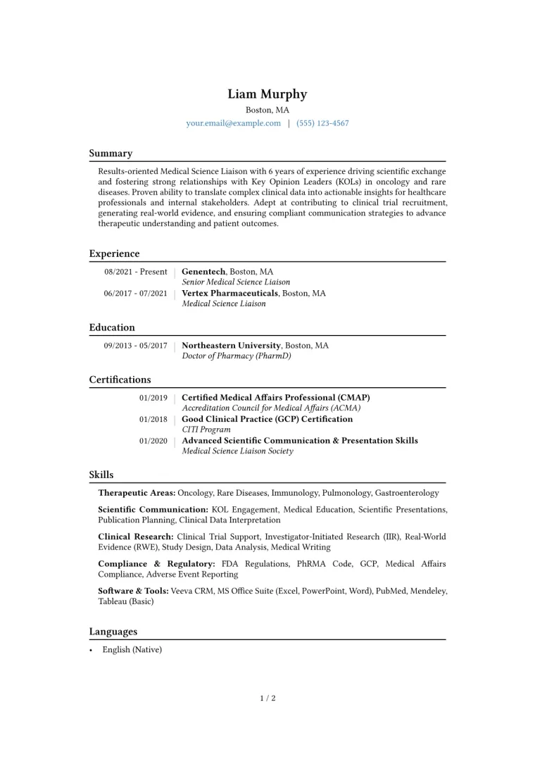 Medical Science Liaison Resume Example CV template preview