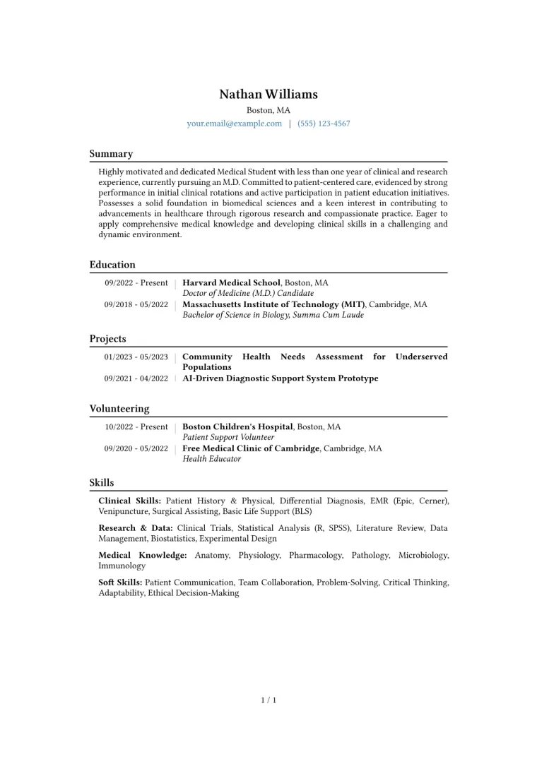 Medical Student Resume Example CV template preview