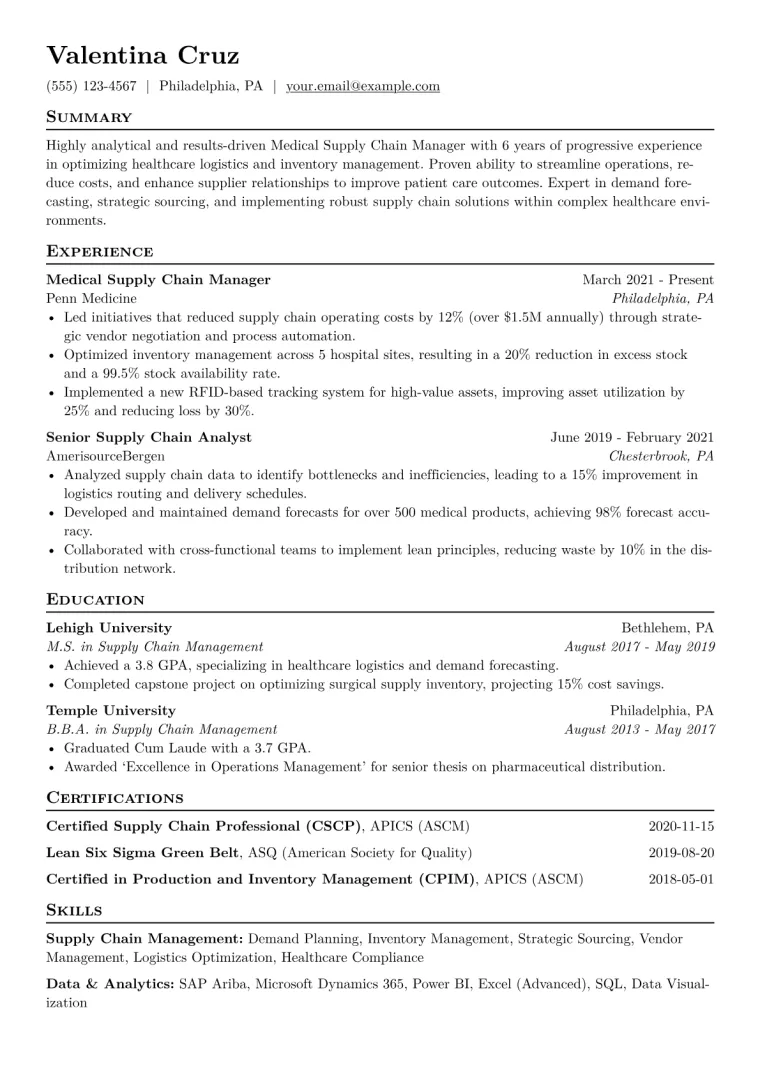 Medical Supply Chain Manager Resume Example CV template preview