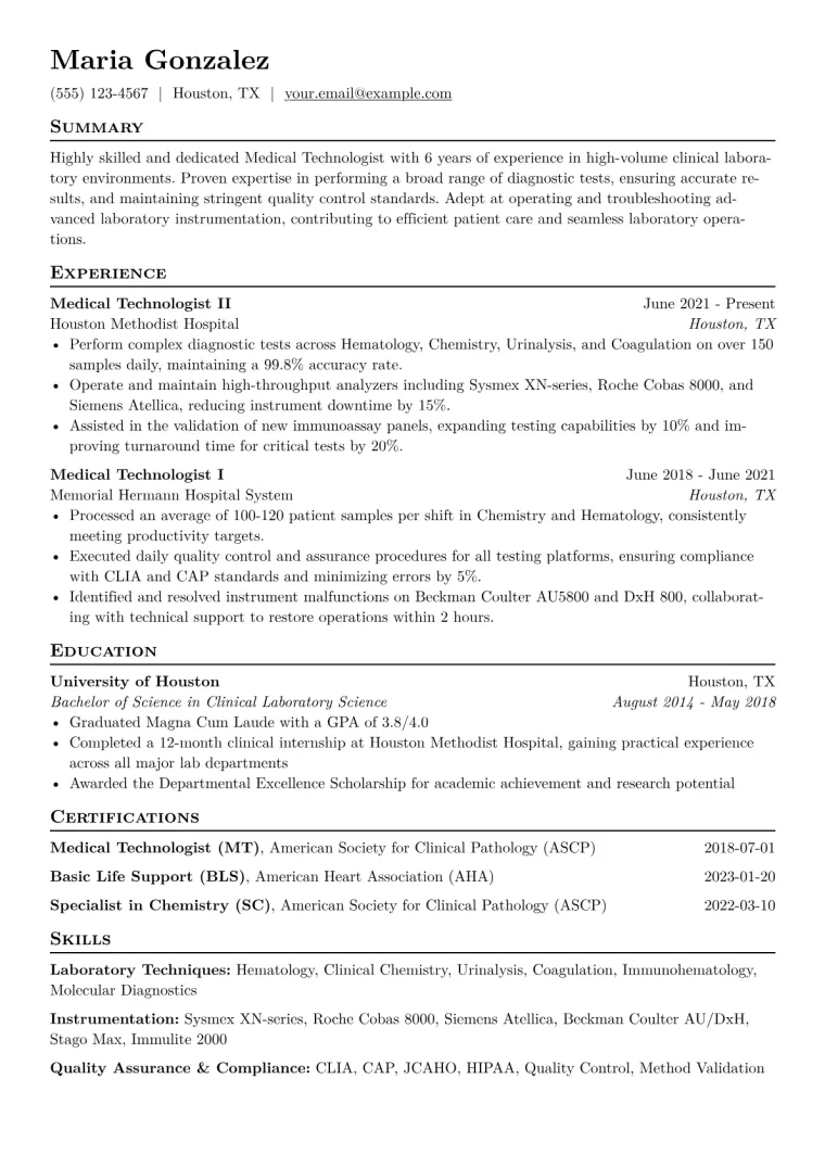 Medical Technologist Resume Example CV template preview