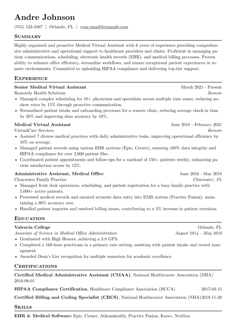 Medical Virtual Assistant Resume Example CV template preview