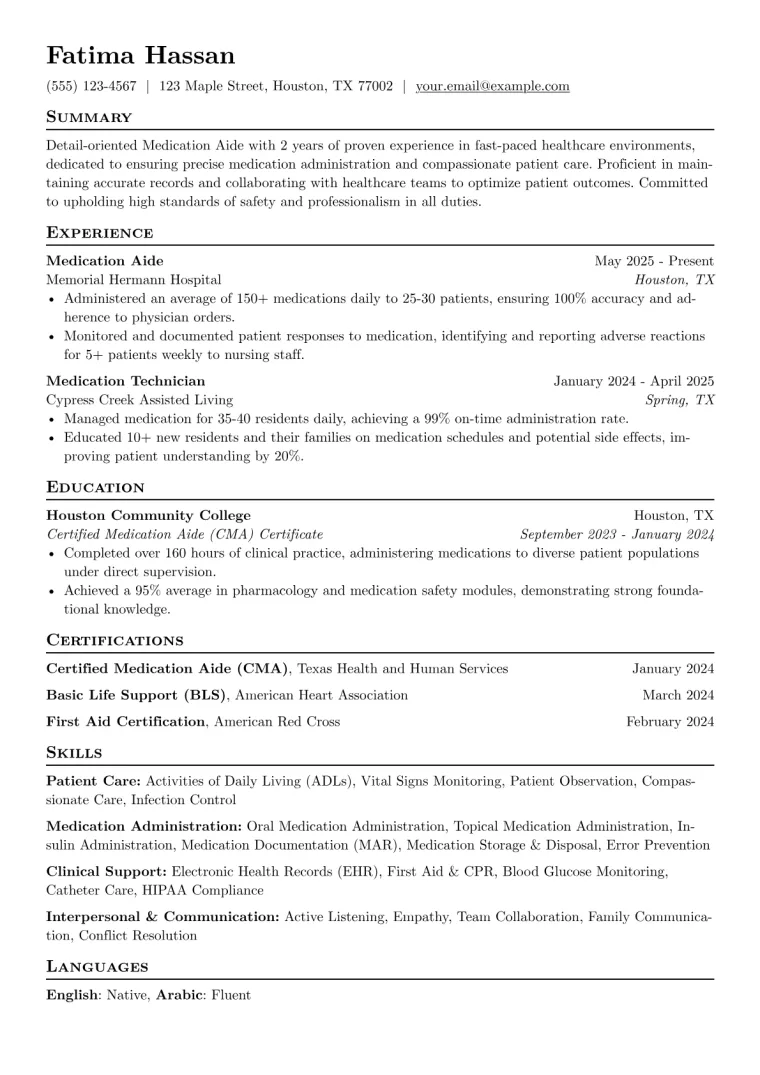 Medication Aide Resume Example CV template preview