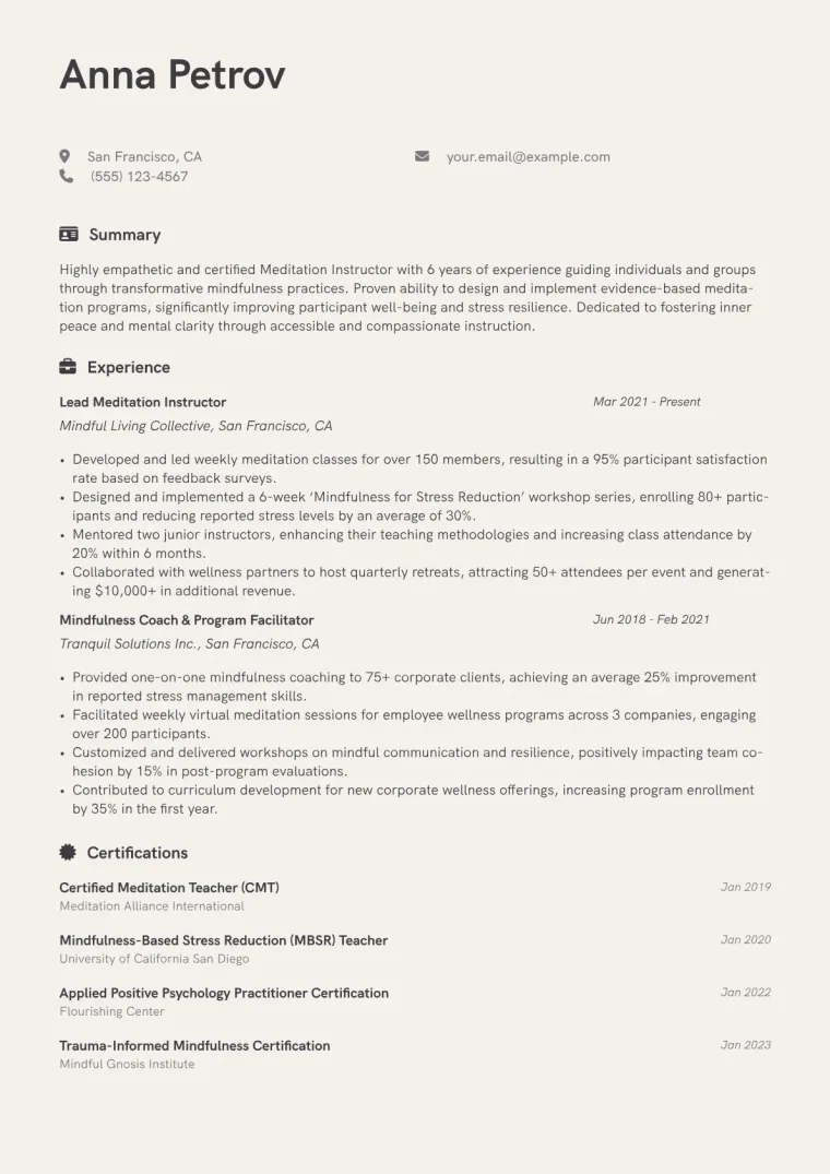 Meditation Instructor Resume Example CV template preview