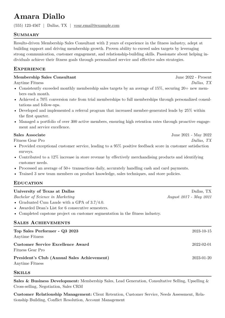 Membership Sales Consultant Resume Example CV template preview
