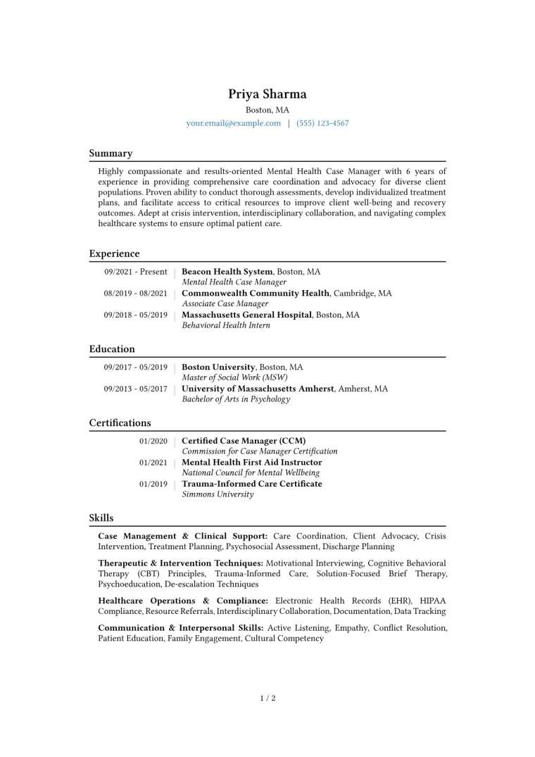 Mental Health Case Manager Resume Example CV template preview