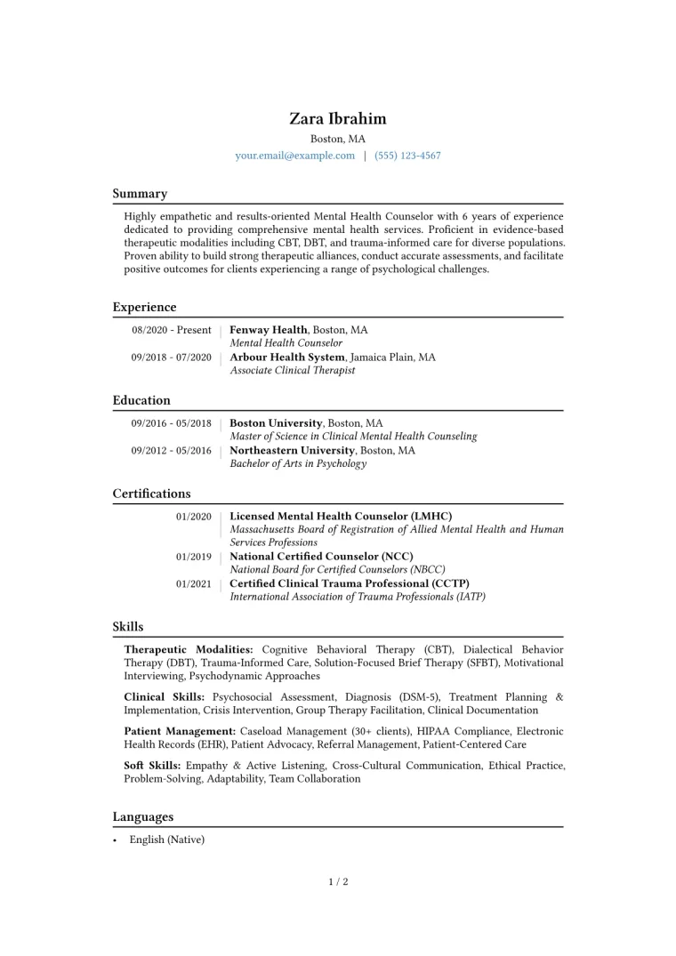 Mental Health Counselor Resume Example CV template preview