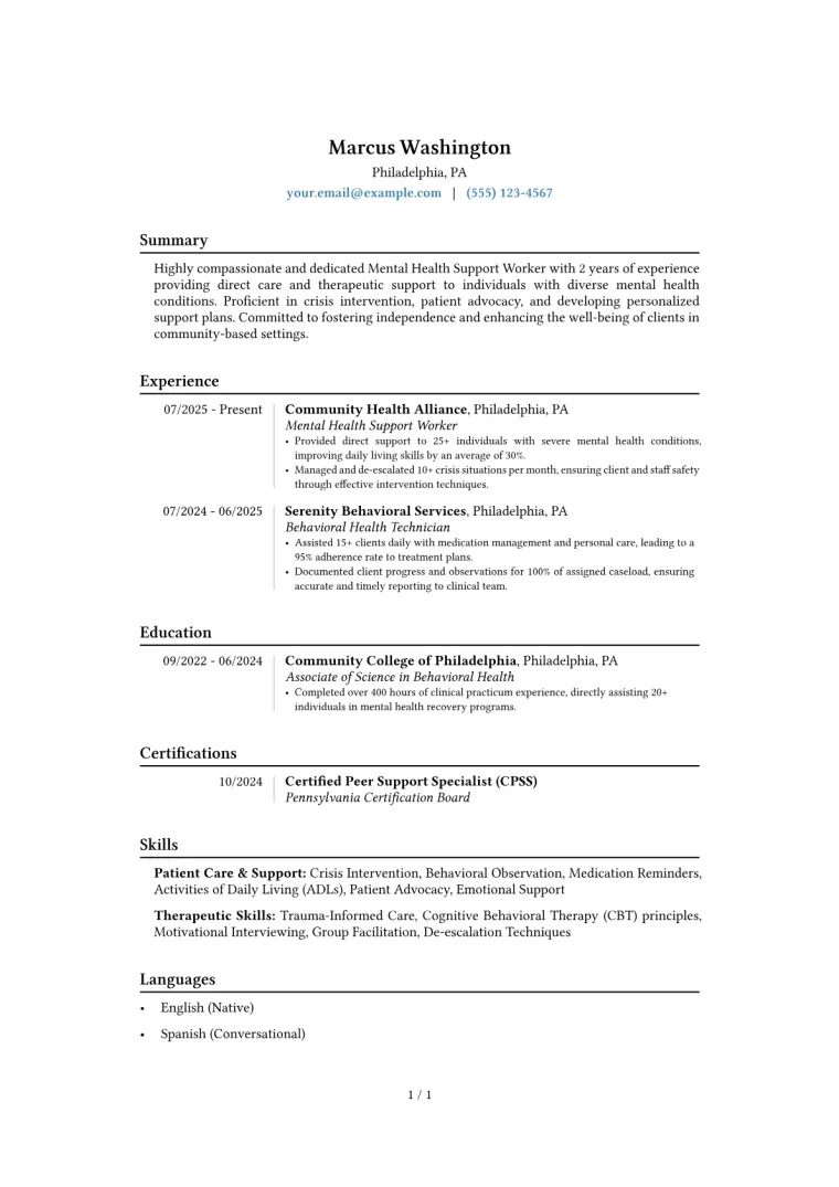 Mental Health Support Worker Resume Example CV template preview