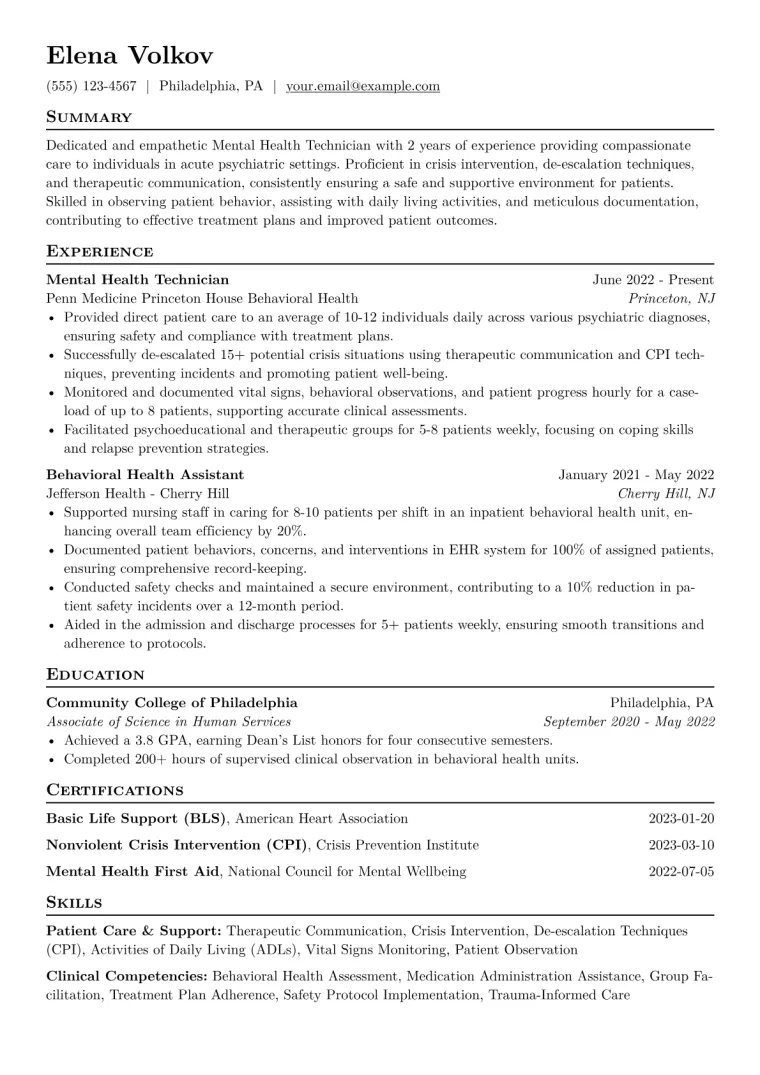 Mental Health Technician Resume Example CV template preview