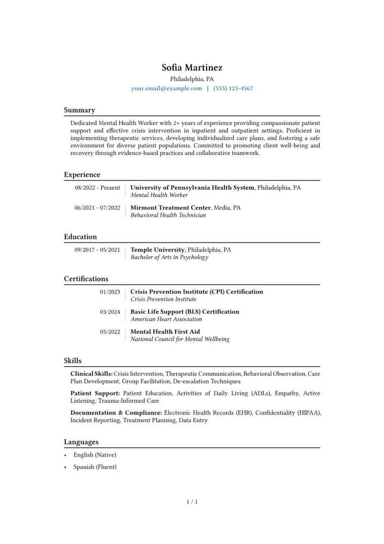 Mental Health Worker Resume Example CV template preview