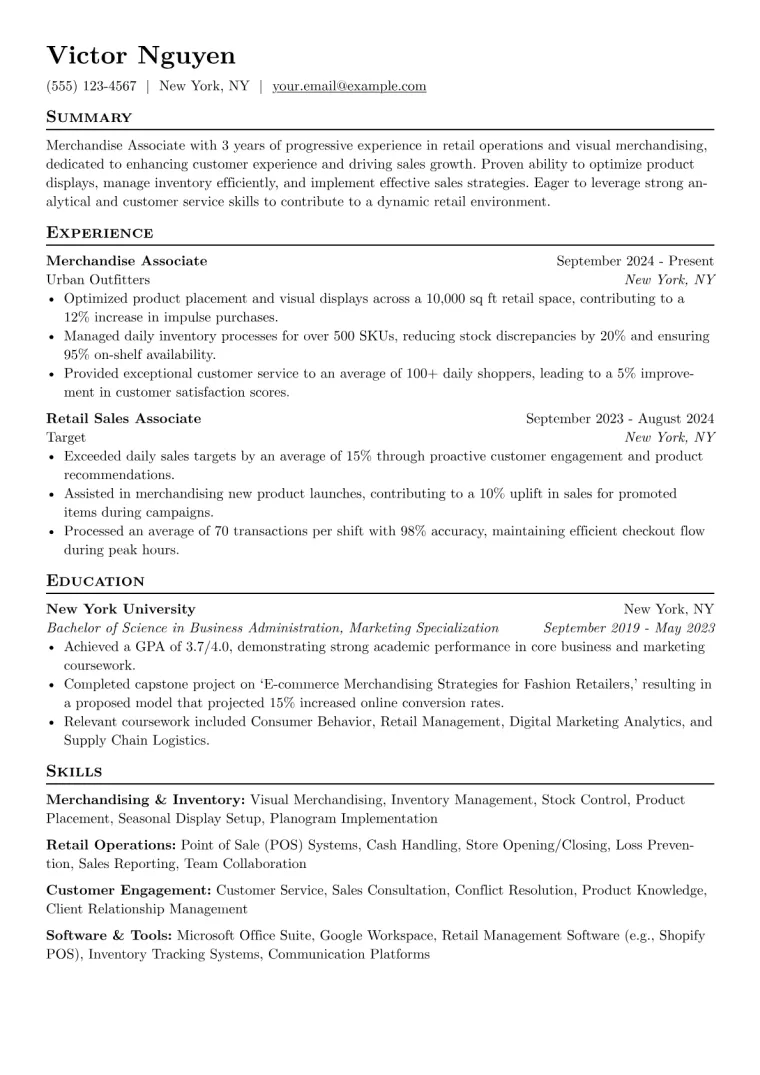 Merchandise Associate Resume Example CV template preview