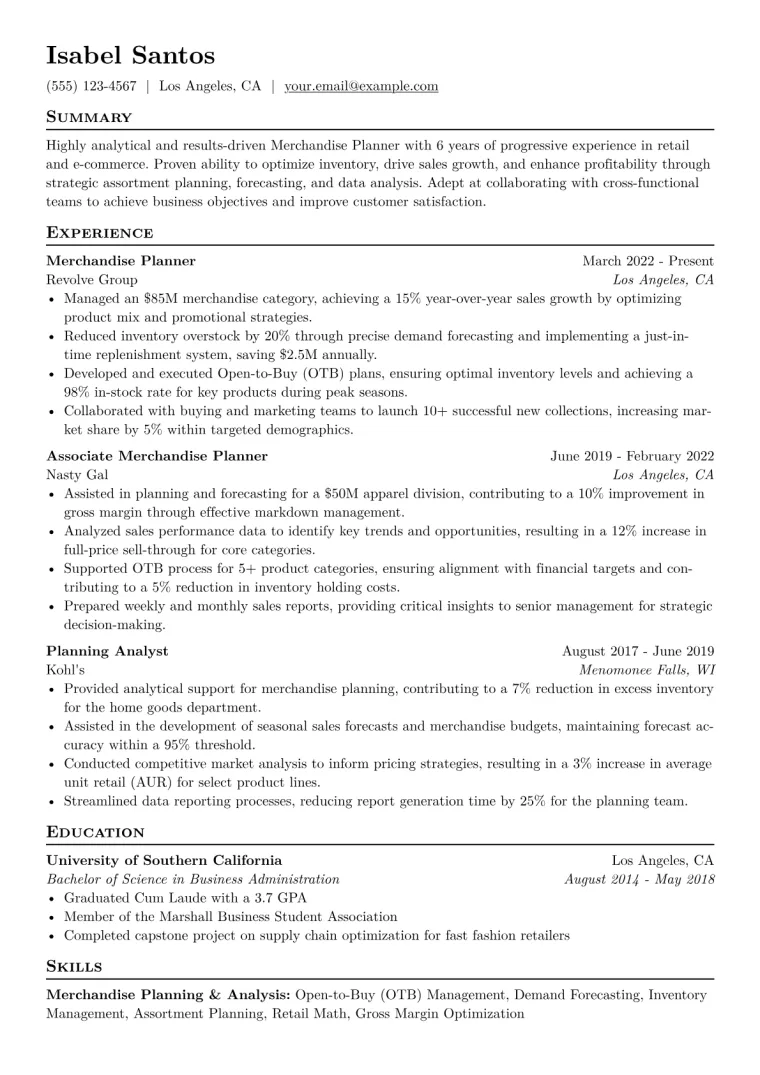 Merchandise Planner Resume Example CV template preview