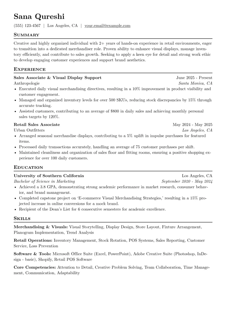 Merchandiser With No Experience Resume Example CV template preview
