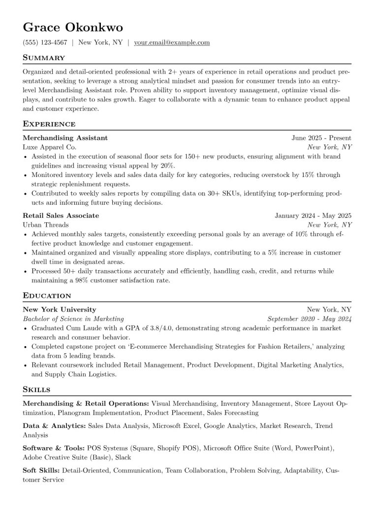 Merchandising Assistant Resume Example CV template preview