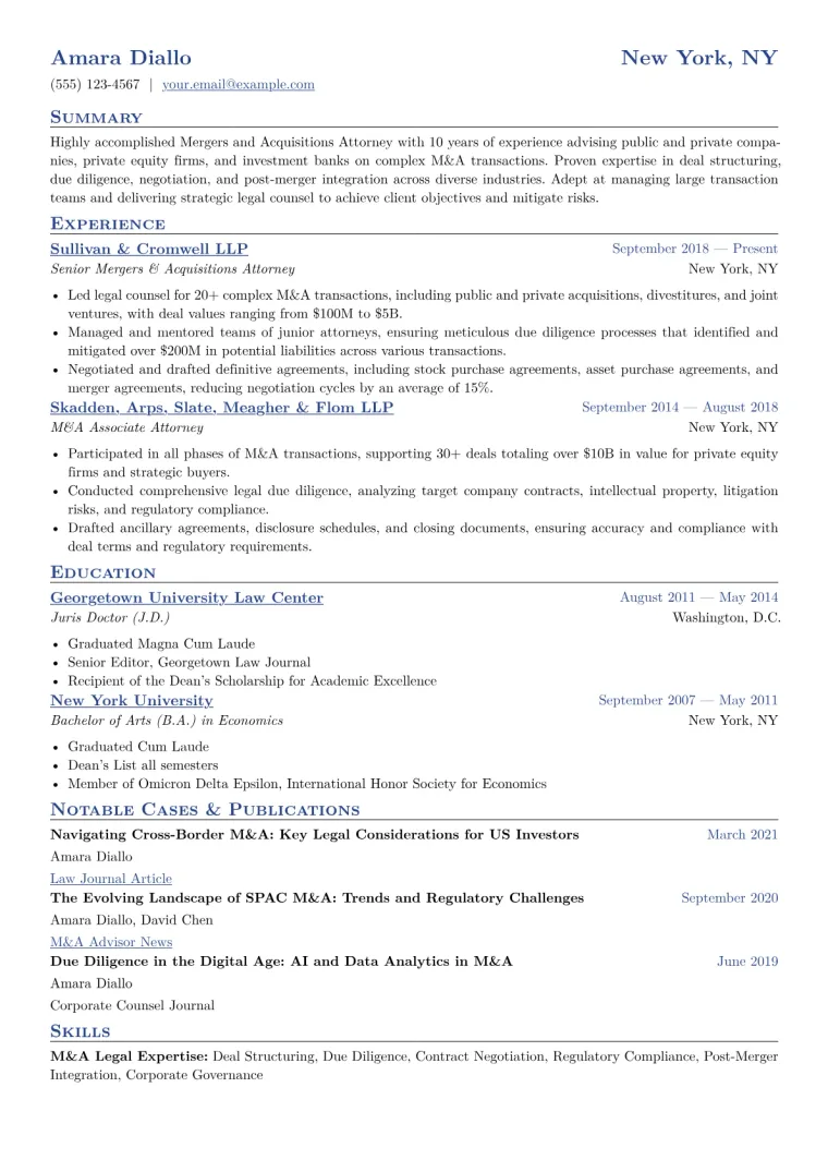 Mergers and Acquisitions Attorney Resume Example CV template preview