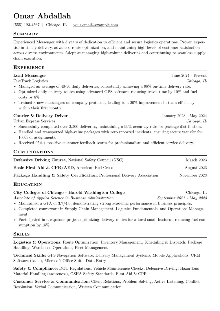 Messenger Resume Example CV template preview