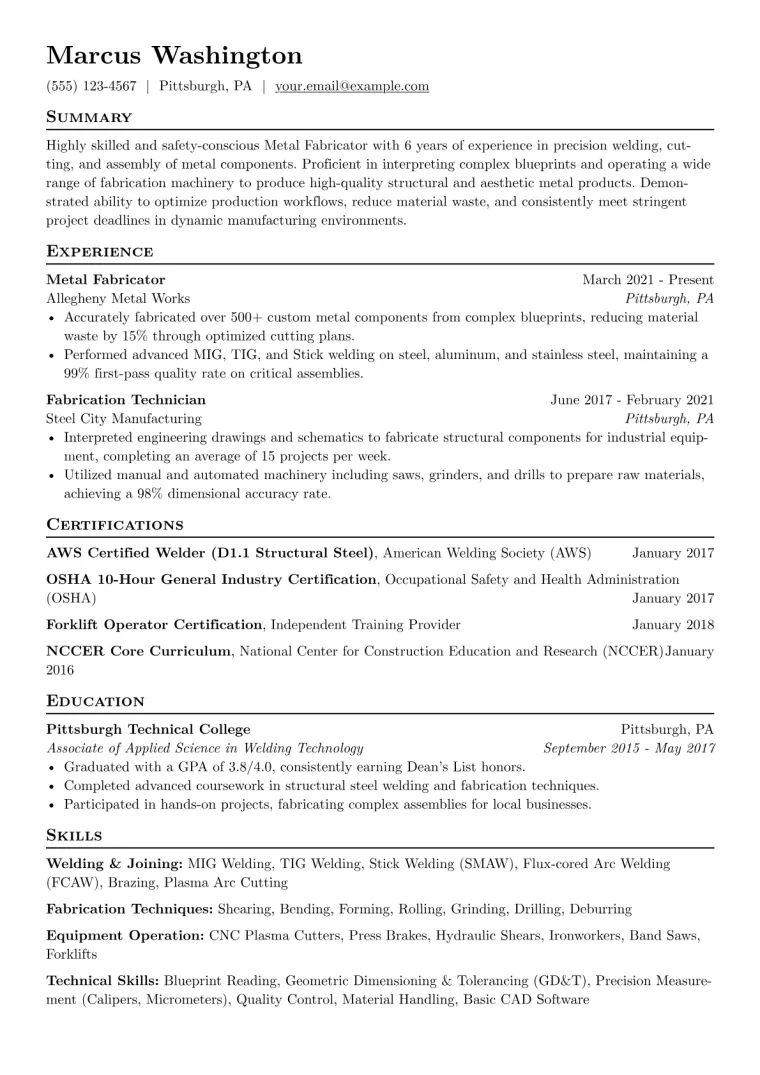 Metal Fabricator Resume Example CV template preview