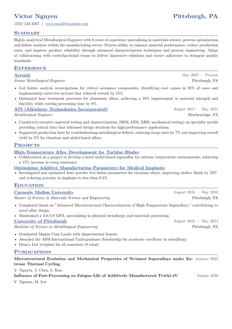 Metallurgical Engineer Resume Example CV template preview