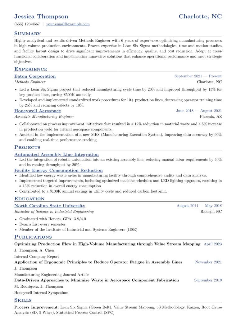 Methods Engineer Resume Example CV template preview