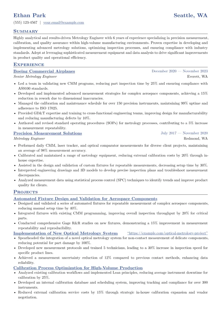 Metrology Engineer Resume Example CV template preview