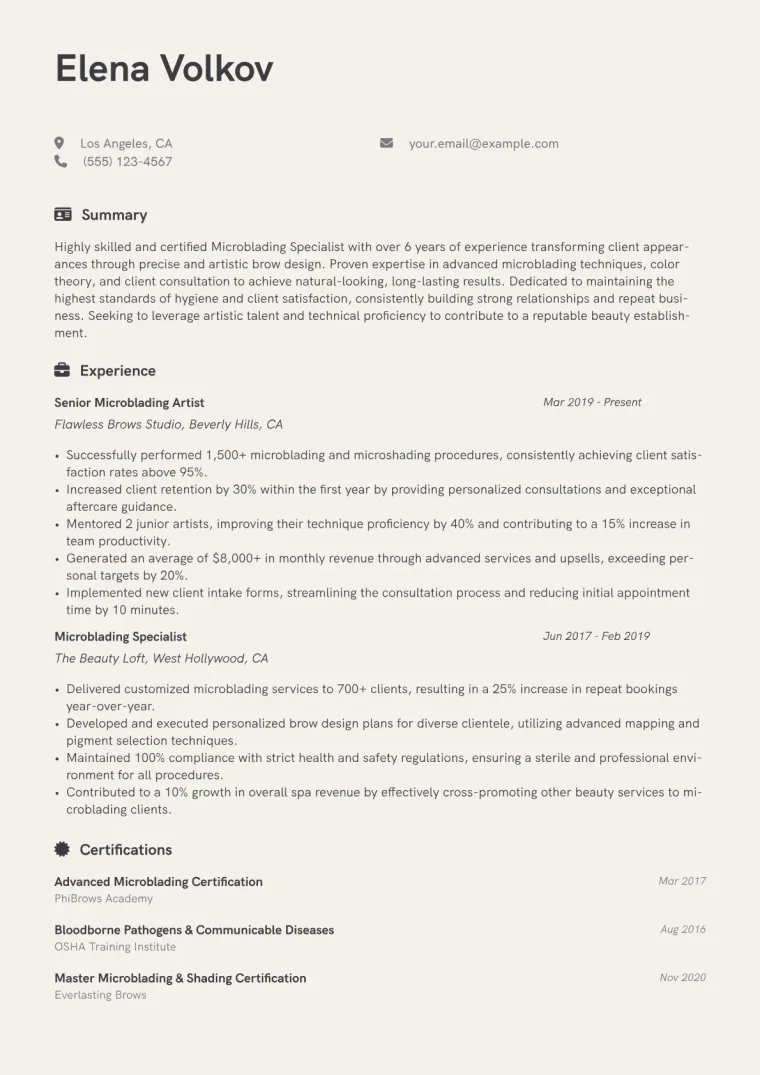 Microblading Specialist Resume Example CV template preview