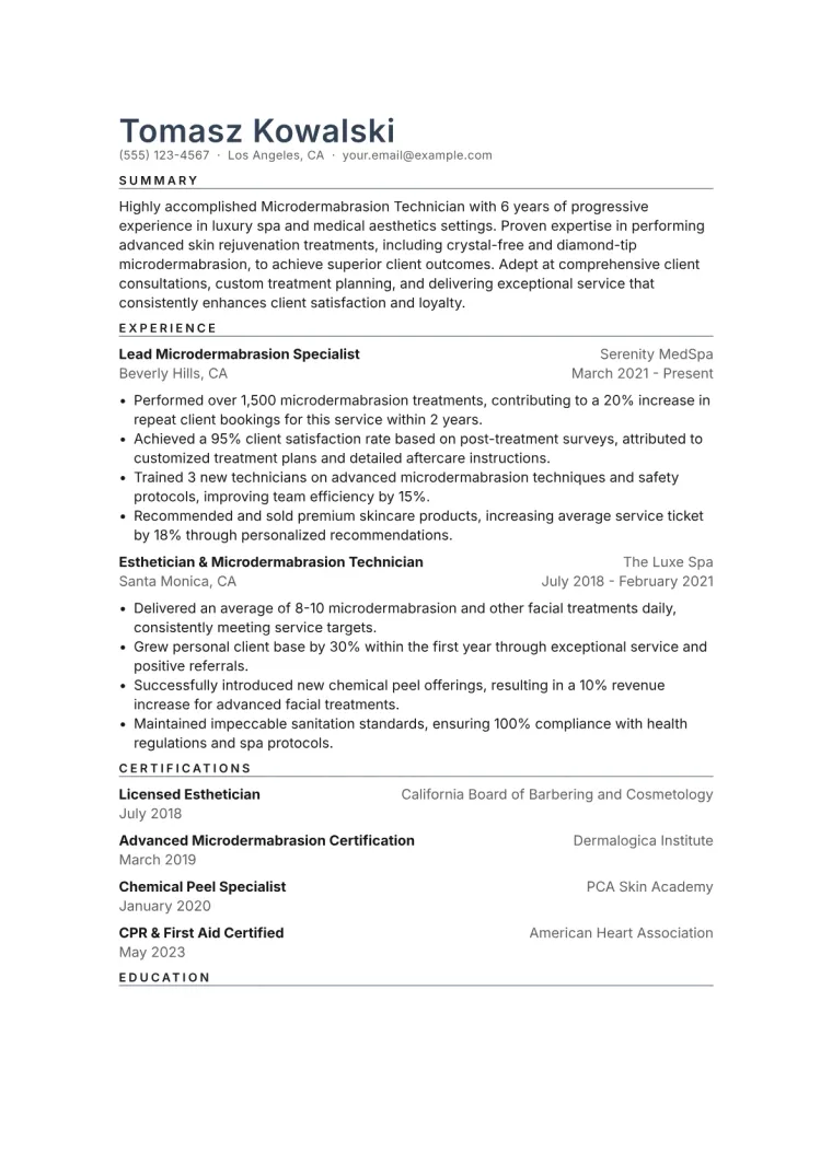 Microdermabrasion Technician Resume Example CV template preview