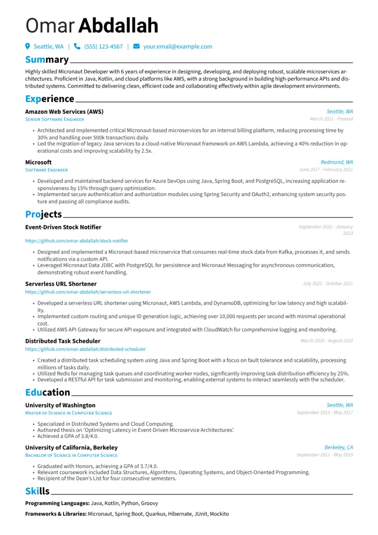 Micronaut Developer Resume Example CV template preview
