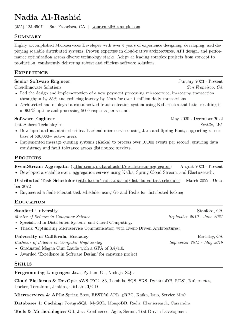 Microservices Developer Resume Example CV template preview