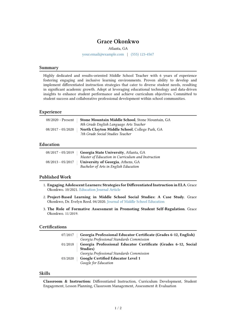 Middle School Teacher Resume Example CV template preview