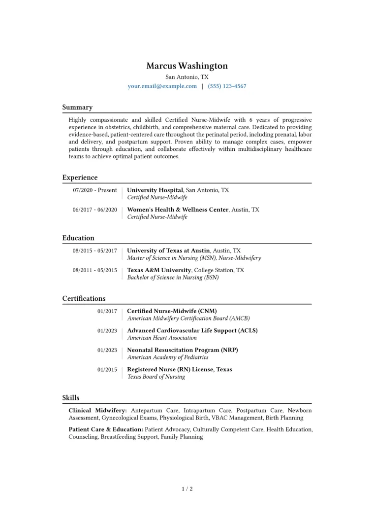 Midwife Resume Example CV template preview