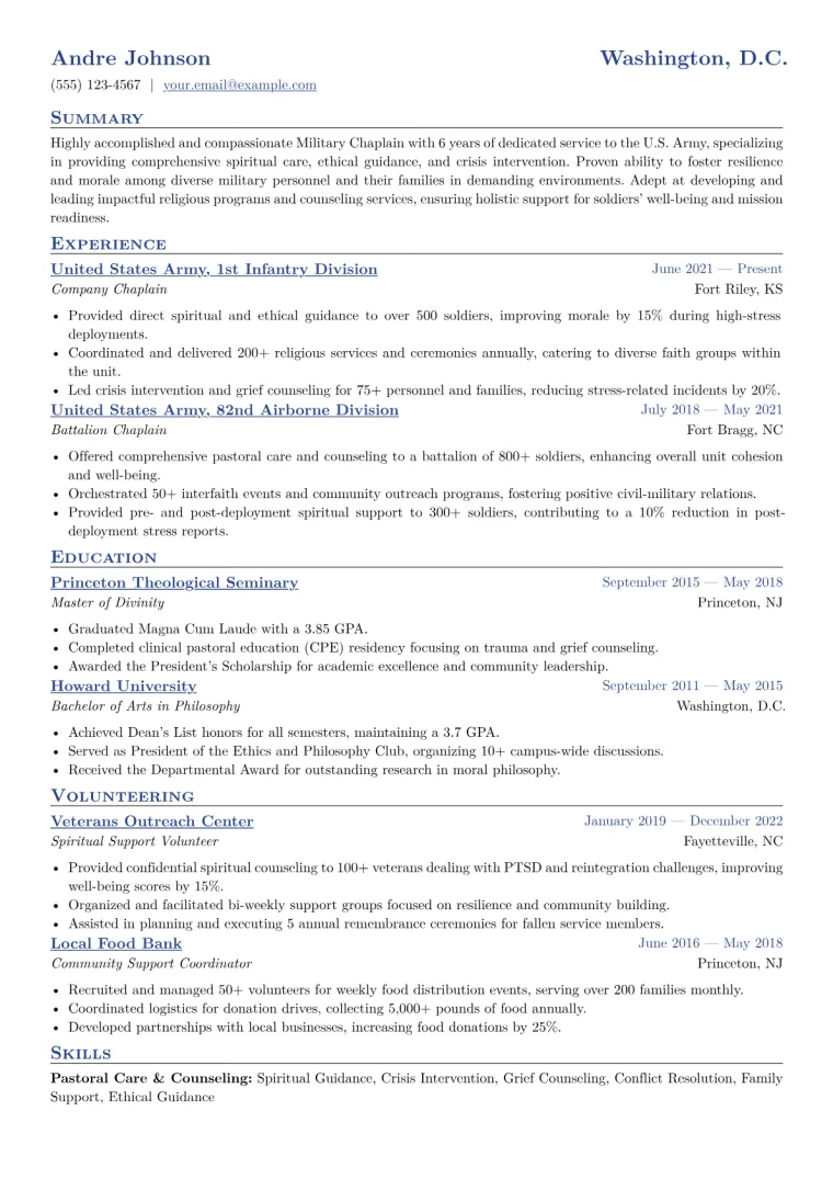 Military Chaplain Resume Example CV template preview